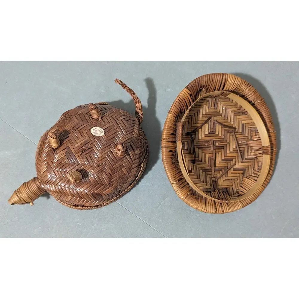 Vintage Hand Woven Wicker Turtle Basket Lidded Trinket Box Rattan Tortoise